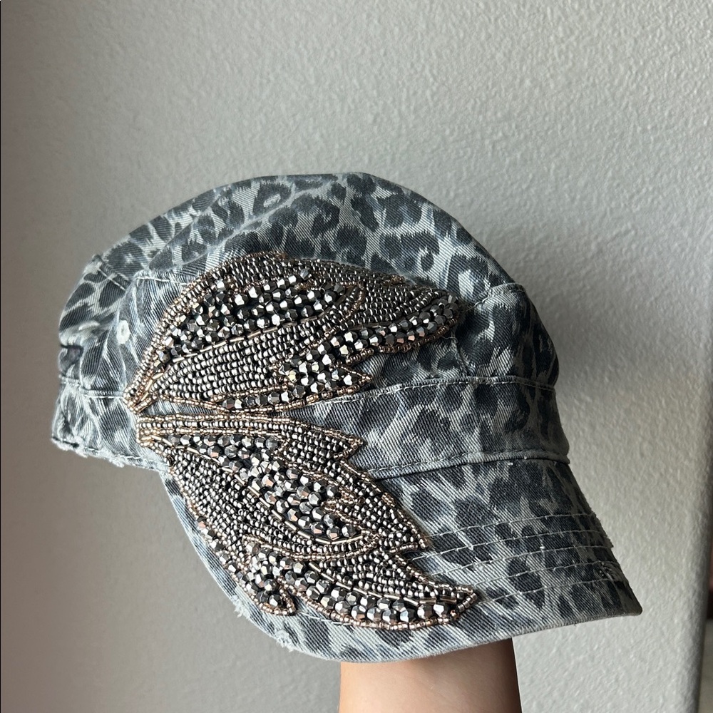 Olive & Pique Rhinestone Leopard Print Beaded Cap